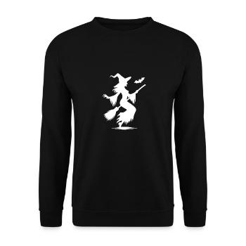 Gruselige Halloween Hexen mit Besen und Fledermaus - Unisex Pullover - Schwarz - Vorne - Alina (178cm) & Michal (187cm)