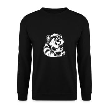 Glücklicher Waschbär mit voller Kaffeetasse - Unisex Pullover - Schwarz - Vorne - Alina (178cm) & Michal (187cm)