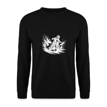 Enduro Maschine mit Staubwolken auf der Strecke - Unisex Pullover - Schwarz - Vorne - Alina (178cm) & Michal (187cm)