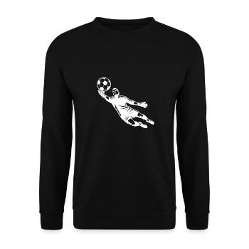 Fußballtorwart springt zur Rettung des Balls - Unisex Pullover - Schwarz - Vorne - Alina (178cm) & Michal (187cm)