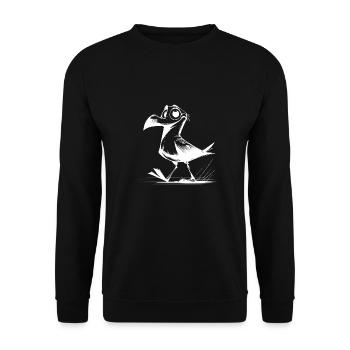 Lustiger Vogel mit dem Blick für Blödsinn - Unisex Pullover - Schwarz - Vorne - Alina (178cm) & Michal (187cm)