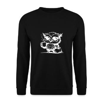 Verschlafene Eule die Kaffee zur Pflicht erklärt - Unisex Pullover - Schwarz - Vorne - Alina (178cm) & Michal (187cm)