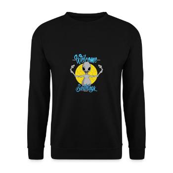 Alien Willkommen Kontakt UFO Witzig Geschenk - Unisex Pullover - Schwarz - Vorne - Alina (178cm) & Michal (187cm)
