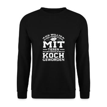 Lustiges Koch Geschenk KOCH - MACH WAS MIT TIEREN - Unisex Pullover - Schwarz - Vorne - Alina (178cm) & Michal (187cm)