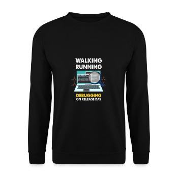 Walking Running Debugging on releas day Shirt - Unisex Pullover - Schwarz - Vorne - Alina (178cm) & Michal (187cm)