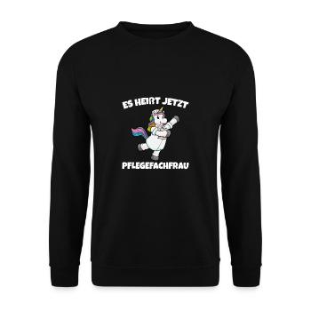 Altenpflege Krankenpflege Pflegekraft Einhorn - Unisex Pullover - Schwarz - Vorne - Alina (178cm) & Michal (187cm)