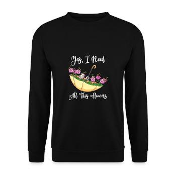 Auf dem Kopf stehender Regenschirm gefüllt mit Blumen Gartenarbeit - Unisex Pullover - Schwarz - Vorne - Alina (178cm) & Michal (187cm)