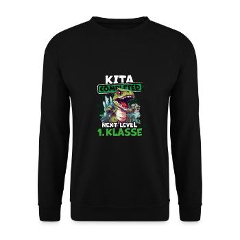 Einschulung Dino Tyrannosaurus Rex Videogamer - Unisex Pullover - Schwarz - Vorne - Alina (178cm) & Michal (187cm)