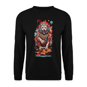 Japanischer Yokai Löwe Popart Ästhetik Design - Unisex Pullover - Schwarz - Vorne - Alina (178cm) & Michal (187cm)
