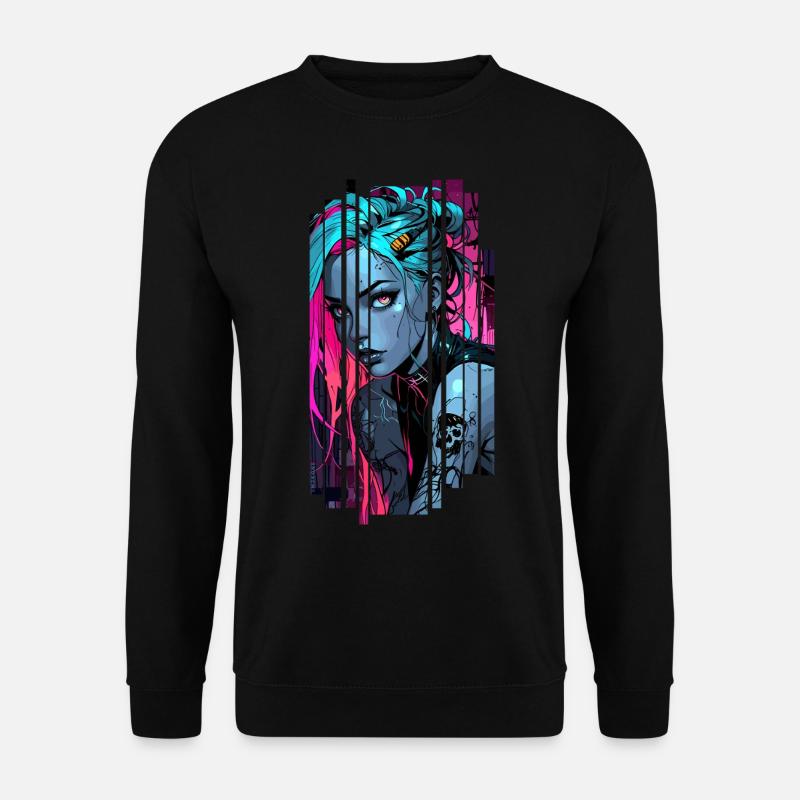 Neonblaues Cyber-Mädchen - Unisex Pullover - Schwarz