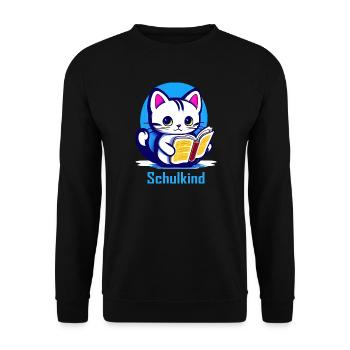 Schulkind Katze mit Buch - Unisex Pullover - Schwarz - Vorne - Alina (178cm) & Michal (187cm)