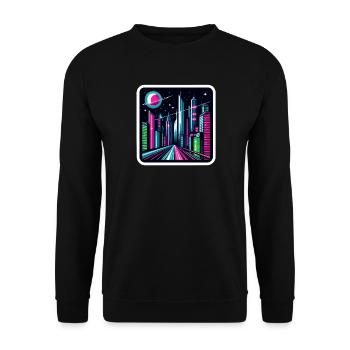 Futuristisches Stadtbild Retro Synthwave Cyberpunk - Unisex Pullover - Schwarz - Vorne - Alina (178cm) & Michal (187cm)