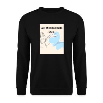 Sanfte Empathie mit Schmetterling und Storch - Unisex Pullover - Schwarz - Vorne - Alina (178cm) & Michal (187cm)