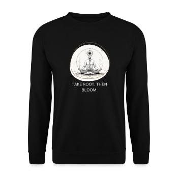 Blumen-Meditiation mit Wurzelverbindung - Unisex Pullover - Schwarz - Vorne - Alina (178cm) & Michal (187cm)