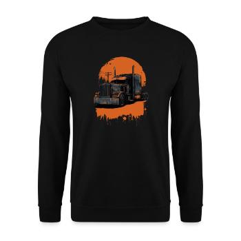 LKW im orangefarbenen Farbton - Unisex Pullover - Schwarz - Vorne - Alina (178cm) & Michal (187cm)