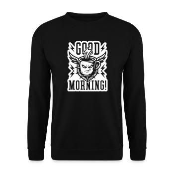 Good Morning Kaffeetasse Blitz Weiß - Unisex Pullover - Schwarz - Vorne - Alina (178cm) & Michal (187cm)