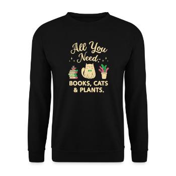 Alles, was du brauchst: Bücher, Katzen und Pflanzen - Unisex Pullover - Schwarz - Vorne - Alina (178cm) & Michal (187cm)