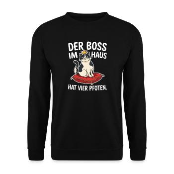 Katze mit Krone - Lustiges Haustier Motiv - Unisex Pullover - Schwarz - Vorne - Alina (178cm) & Michal (187cm)