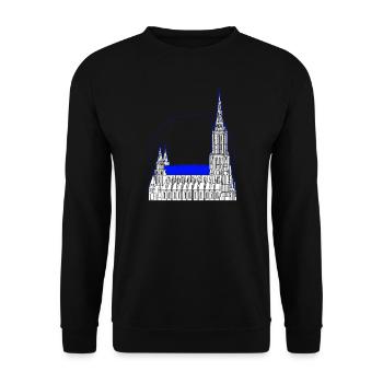 Ulm Motiv 4 Münster Line Art – Minimal Skyline - Unisex Pullover - Schwarz - Vorne - Alina (178cm) & Michal (187cm)