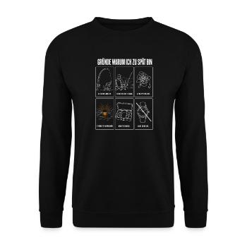 Gründe warum ich zu spät bin Lustiges Angler Motiv - Unisex Pullover - Schwarz - Vorne - Alina (178cm) & Michal (187cm)