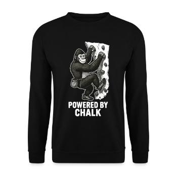 Gorilla Bouldern – Powered by Chalk Spruch - Unisex Pullover - Schwarz - Vorne - Alina (178cm) & Michal (187cm)