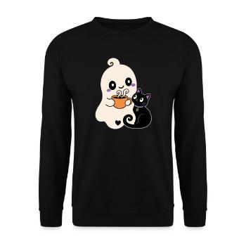 Halloween Geist mit Katze – Cozy Tea Time - Unisex Pullover - Schwarz - Vorne - Alina (178cm) & Michal (187cm)