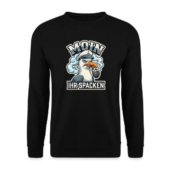 Moin Ihr Spacken - Lustige Möwe Kapitän - Unisex Pullover - Schwarz - Vorne - Alina (178cm) & Michal (187cm)