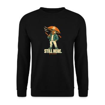 Bitcoin Still Here – Bär mit Regenschirm - Unisex Pullover - Schwarz - Vorne - Alina (178cm) & Michal (187cm)