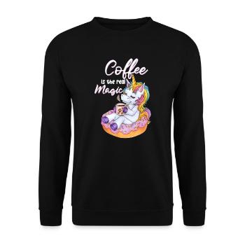 Niedliches Einhorn im Donut mit Kaffee Pause - Unisex Pullover - Schwarz - Vorne - Alina (178cm) & Michal (187cm)