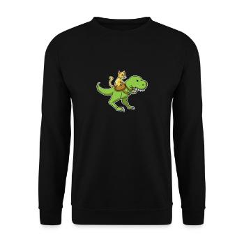 Katze Cat riding dino Trex Dinosaurier Geschenk - Unisex Pullover - Schwarz - Vorne - Alina (178cm) & Michal (187cm)