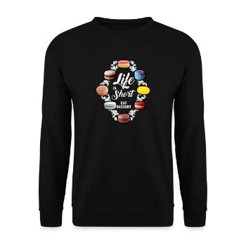 Das Leben ist kurz - Eat Dessert - Makronen Französisch - Unisex Pullover - Schwarz - Vorne - Alina (178cm) & Michal (187cm)