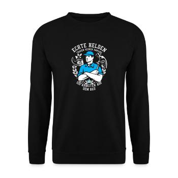 Bauarbeiter Shirt · Baustelle · Bagger · Helden - Unisex Pullover - Schwarz - Vorne - Alina (178cm) & Michal (187cm)
