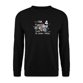 Cooles Monstertruck 4. Geburtstag Kinder Geschenk - Unisex Pullover - Schwarz - Vorne - Alina (178cm) & Michal (187cm)