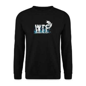 Fischen Angeln Humor WTF Where's The Fish - Unisex Pullover - Schwarz - Vorne - Alina (178cm) & Michal (187cm)