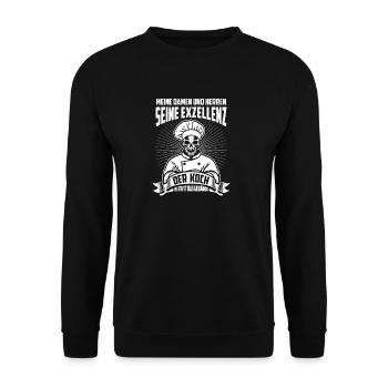 Seine Exzellenz der Koch betritt das Gebäude - Unisex Pullover - Schwarz - Vorne - Alina (178cm) & Michal (187cm)