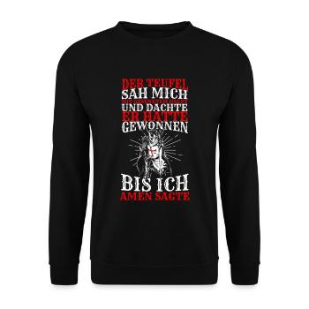 Der Teufel Sah Mich Mit Gesenktem Haupt Bis Ich Am - Unisex Pullover - Schwarz - Vorne - Alina (178cm) & Michal (187cm)
