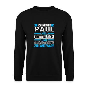 PAUL - Gottgleich Geschenk - Unisex Pullover - Schwarz - Vorne - Alina (178cm) & Michal (187cm)