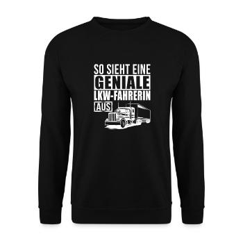 Geniale LKW Fahrerin - Unisex Pullover - Schwarz - Vorne - Alina (178cm) & Michal (187cm)