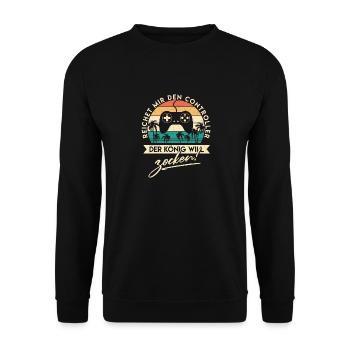 Der König will zocken - Gaming Gamer Spruch Lustig - Unisex Pullover - Schwarz - Vorne - Alina (178cm) & Michal (187cm)