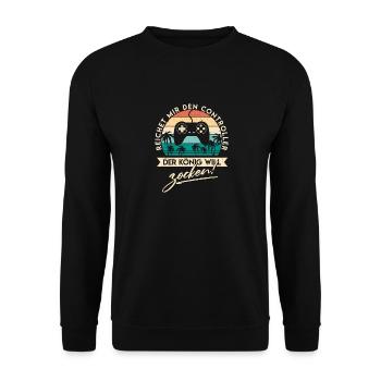 Der König will zocken - Gaming Gamer Spruch Lustig - Unisex Pullover - Schwarz - Vorne - Alina (178cm) & Michal (187cm)