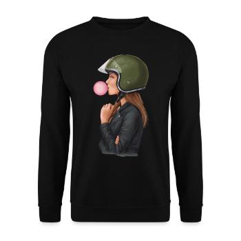 Coole Motorradfahrerin Bikerin kaut Kaugummi - Unisex Pullover - Schwarz - Vorne - Alina (178cm) & Michal (187cm)