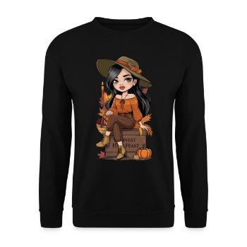 Herbst Frau Natur Blätter Jahreszeit - Unisex Pullover - Schwarz - Vorne - Alina (178cm) & Michal (187cm)