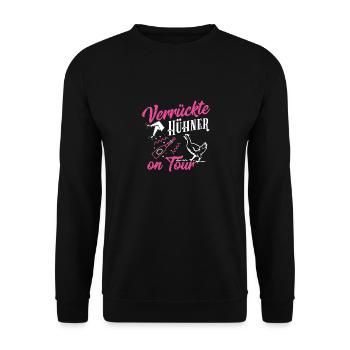 Junggesellinenabschied-Verrückte Hühner on Tour - Unisex Pullover - Schwarz - Vorne - Alina (178cm) & Michal (187cm)