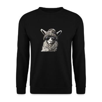 Lama mit Sonnenbrille und Wollmütze - Unisex Pullover - Schwarz - Vorne - Alina (178cm) & Michal (187cm)
