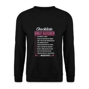 JGA Aufgaben Braut Geschenk Junggesellenabschied - Unisex Pullover - Schwarz - Vorne - Alina (178cm) & Michal (187cm)