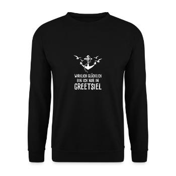 Wirklich Glücklich Bin Ich Nur In Greetsiel - Unisex Pullover - Schwarz - Vorne - Alina (178cm) & Michal (187cm)
