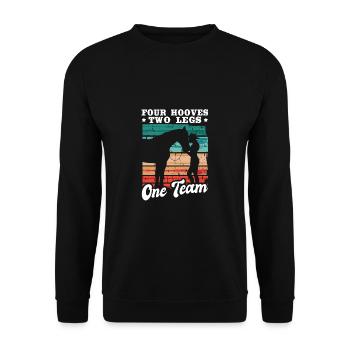 Reiterin Reiten Four Hooves Two Legs One Team - Unisex Pullover - Schwarz - Vorne - Alina (178cm) & Michal (187cm)