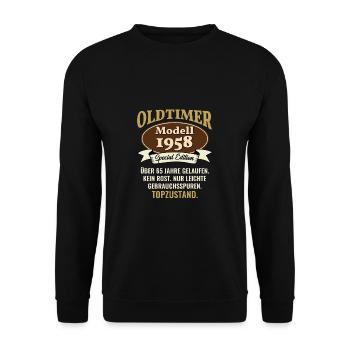 65 Jahre Oldtimer Modell 1958 65. Geburtstag - Unisex Pullover - Schwarz - Vorne - Alina (178cm) & Michal (187cm)