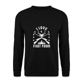 Chasse aux chasseurs J’adore la chasse à la restauration rapide - Sweat-shirt Unisexe - noir - Devant - Alina (178cm) & Michal (187cm)
