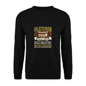 66. Geburtstag Oldtimer Modell 1958 66 Jahre - Unisex Pullover - Schwarz - Vorne - Alina (178cm) & Michal (187cm)